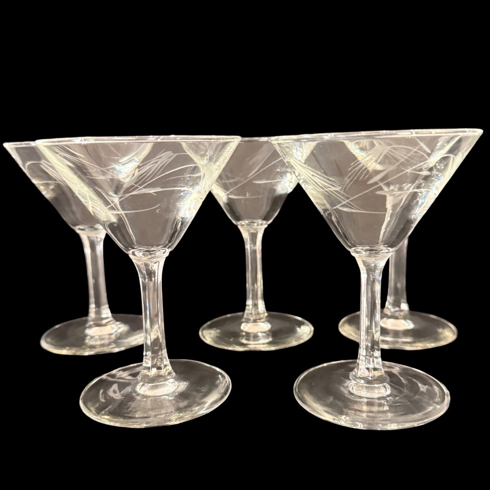 Vintage Etched Wheat Martini Cocktail Glasses Set of 5 Mid Century Clear Glass